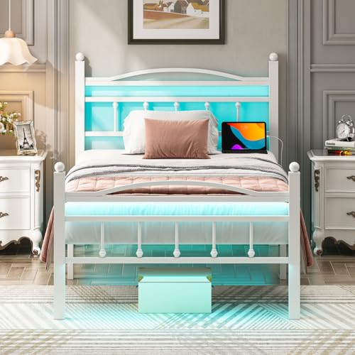 Jenmit Twin Bed Frames with Headboard, LED Bed Frame with Charging Station, Metal Platform, Under-Bed Storage, No Box Spring Needed, Noise Free, Easy Assembly, White Jenmit