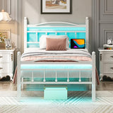 Jenmit Twin Bed Frames with Headboard, LED Bed Frame with Charging Station, Metal Platform, Under-Bed Storage, No Box Spring Needed, Noise Free, Easy Assembly, White Jenmit