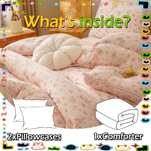MorroMorn Pink Comforter Twin, Super Soft Twin Bedding Sets - 3 PCS Thick Fluffy Comforter with 2 Pillowcases for Girls Kids Teen, Lightweight for Bed All Seasons (Pink Flowers) MorroMorn