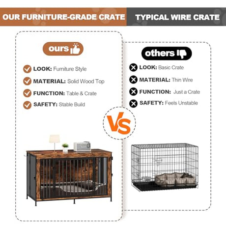 XL Dog Crate Furniture 48'' | Extra Large Heavy Duty Anti-Chew Dog Kennel | Rustic Wooden Entertainment Center & TV Stand with 350LB Top Capacity | Escape Proof Double Door Pet House FurnPulse