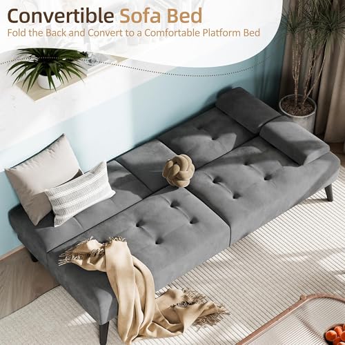 Shintenchi Futon Sofa Bed, Velvet Foldable Couch, Reclining Sleeper with Removable Armrests, Upholstered Loveseat Sofa Couch with Folding Cup Holders for Home, Office, Dark Gray Shintenchi