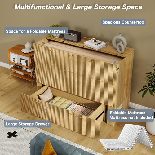 Jotirxe Full Size Murphy Bed: Murphy Cabinet with Charging Station & Large Drawers, Fluted Cabinet Bed with Foldable Panel for Guest Room, Living Room and Office, Oak Jotirxe