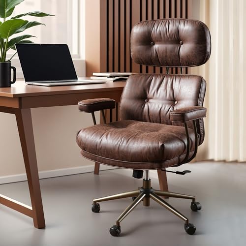 ovios Ergonomic Office Chair, High Back Faux Leather Executive Chairs with Thick Cushion, Comfy Mid-Century Modern Swivel Rolling Computer Armchair (Dark Brown, Suede Leather) ovios