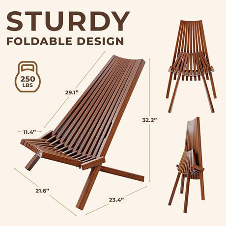 Melino Wooden Folding Tamarack Chairs, FSC Certified Acacia Low Profile Adirondack Chairs, Wood Folding Chair for Outdoor, Patio, Porch, Pool, Backyard, Garden, Balcony and Deck - Chestnut - Single Melino