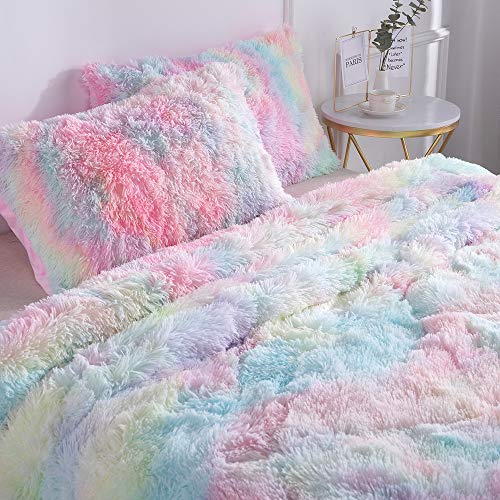 Wajade Faux Fur Plush Rainbow Comforter Set Fluffy Fuzzy Shaggy Bedding Set - 3PC Full Size Microfiber Soft Warm Quilt Set Wajade
