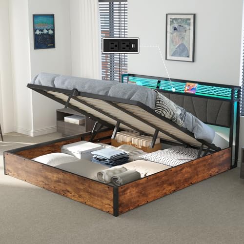 AMERLIFE King Size Lift Up Bed Frame with Linen Upholstered & LED Light & Storage Headboard, Platform Bed Frame with Charging Station, No Box Spring Needed, Noisy Free, Rustic Brown AMERLIFE