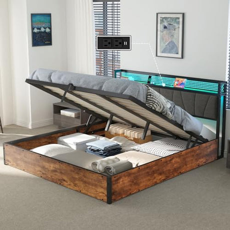 AMERLIFE King Size Lift Up Bed Frame with Linen Upholstered & LED Light & Storage Headboard, Platform Bed Frame with Charging Station, No Box Spring Needed, Noisy Free, Rustic Brown AMERLIFE