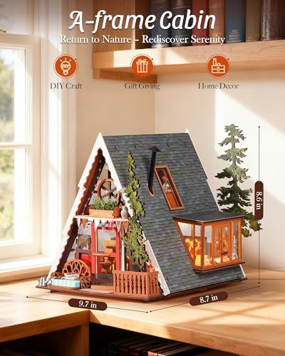 Rolife DIY Miniature House Kit A-Frame Cabin, 3D Wooden Puzzle Tiny House with Openable Skylight for Teens & Adults, Cozy Forest Cabin Décor, Creative Gift for Birthday & Holidays