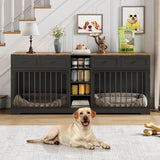 GarveeHome 82" Double Dog Crate Furniture, Large Dog Kennel Indoor for 2 Dogs, Heavy Duty Wooden Dog Crate TV Stand with 4 Drawers and Shelves, Black GarveeHome