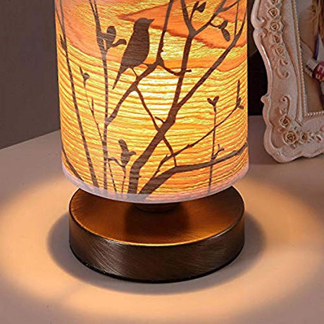 Bieye L10272 Birds in The Tree Wooden Style Table Lamp Night Light with Wood Lampshade Bronze Metal Base for Bedside Bedroom Living Room, Cylinder-Shaped (Bronze) Bieye