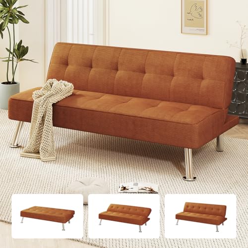 Furnimart Futon Sofa Bed, 66" Corduroy Convertible Futon Couch with 3-Position Adjustable Backrest, Solid Wood Frame Sleeper Sofa for Small Space, Living Room, Apartment, Office, Brown Furnimart