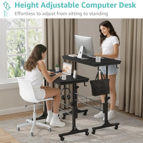 WINAZ Small Portable Rolling Standing Desk - 32 Inch Adjustable Height Mobile Teacher Podium on Wheels for Classroom, Stand Up Desks for Treadmill Walking Pad, Couch Sofa Side Laptop Table, Black WINAZ