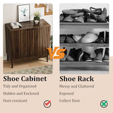 Morwdxef Shoe Cabinet with Slatted Doors, 4-Tier Freestanding Shoe Cabinet Storage for Entryway, Narrow Entryway Shoe Organizer Cabinets with Shelves (Walnut, 31.5" Wide) Morwdxef