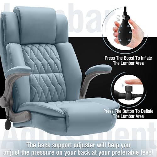 Large High Back Office Chair - Adjustable Lumbar Support Flip Up Arms Heavy Duty Quiet Wheels Metal Base Breathable Bonded Leather Ergonomic Executive Computer Desk Chair with Storage Bags, Blue HAMAOKA