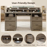 Bestier Farmhouse 59" Executive Desk with Drawers, Wood Computer Desk with Charging Station, Home Office Desk with Keyboard Tray & Monitor Stand, Sturdy Pedestal Desk for Work Study, Grey Bestier