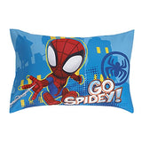 Disney Marvel Spidey and his Amazing Friends Spidey Team Red, White, and Blue 4 Piece Toddler Bed Set - Comforter, Fitted Bottom Sheet, Flat Top Sheet, and Reversible Pillowcase Disney