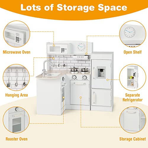 HONEY JOY Corner Kids Kitchen Playset, Little Chef Wooden Play Kitchen for Toddlers, Water Dispenser, Microwave, Range Hood, Refrigerator, Cookware, Modular Pretend Toy Kitchen Set w/Lights & Sounds HONEY JOY