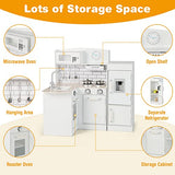 HONEY JOY Corner Kids Kitchen Playset, Little Chef Wooden Play Kitchen for Toddlers, Water Dispenser, Microwave, Range Hood, Refrigerator, Cookware, Modular Pretend Toy Kitchen Set w/Lights & Sounds HONEY JOY