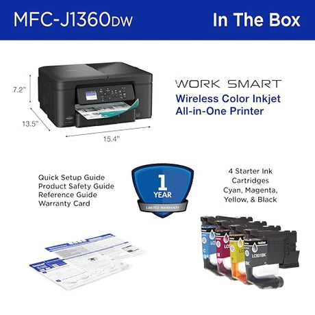 Brother Work Smart 1360 Wireless Color Inkjet All-in-One Printer with Automatic Duplex Printing and 1.8” Color Display | Includes Refresh Subscription Trial(1) (MFC-J1360DW) (Uses LC501 Series Inks) Brother