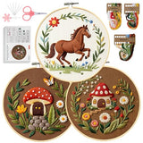 Santune 3 Pack Embroidery Kit Cross Stitch Needlepoint Kits for Beginners Adult Needle Point Sets with Mushroom & Horse Embroidery Patterns, Includes Step-By-Step Instructions & Accessories
