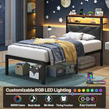 ChicZhiNest Twin Size Bed Frame with 2 Tier Upholstered Storage Headboard and Under Bed Storage,Platform Bedframe with LED Lights and Charging Station, No Box Spring Needed,Easy Assembly,Grey ChicZhiNest