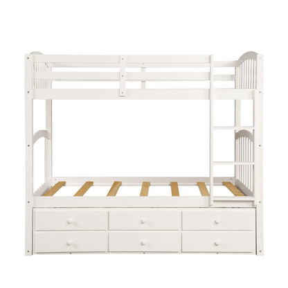 Harper & Bright Designs Twin Over Twin Bunk Bed with Trundle and Storage Drawers, Wood Bunk Bed with Safety Rail and Ladder for Kids Teens Adults, No Box Spring Required (White)