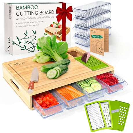YANs Bamboo Cutting Board with Containers for Easy Meal Prep - Chopping Board Set -Extra Large Space Saving Cutting Board Set with Juice Groove to Keep Your Kitchen Tidy Yans