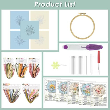 ERKOON Embroidery Kit for Beginners, 5 Sets Flower Cross Stitch Set for Adults Include Embroidery Cloth Hoops Threads for Craft Lover Hand Stitch with Skill Techniques (Bouquet) ERKOON
