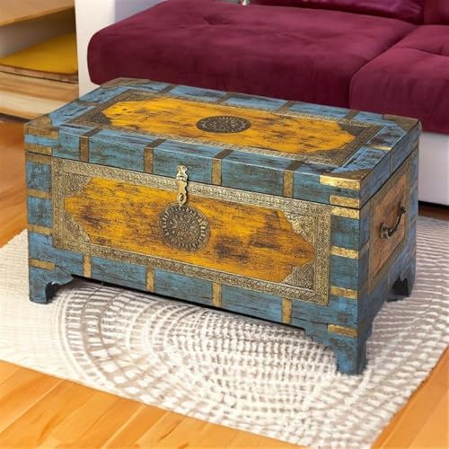 MAKLAINE 32" x 17" Traditional Wood Painted Brass Inlay Storage Trunk/Coffee Table with Hidden Storage, Brass Inlays & Hardware, Handcrafted, Handpainted, No Assembly Required, in Multi-Color Finish MAKLAINE