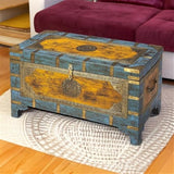 MAKLAINE 32" x 17" Traditional Wood Painted Brass Inlay Storage Trunk/Coffee Table with Hidden Storage, Brass Inlays & Hardware, Handcrafted, Handpainted, No Assembly Required, in Multi-Color Finish MAKLAINE