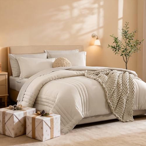 Monbix Queen Comforter Set - 7 Pieces Beige Bed in a Bag Queen Bedding Sets with Comforters, All Seasons Comforter Bed Set with Sheets, Pillowcases & Shams Monbix