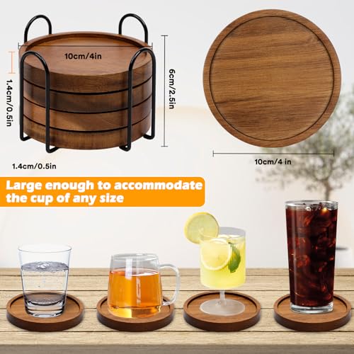 4 Pcs Wood Coasters for Drinks Absorbent, Wooden Coasters with Holder, Drink Coasters for Coffee Table, Absorbent Coaster Set for Table Protection Drink Coasters for Farmhouse, Office, Bar Mckanti