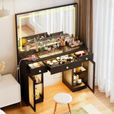 Fkhouse Glass Top Makeup Vanity with Mirror and Lights, Crystal Knobs Vanity Desk with 3 Drawers and Charging Station, Adjustable Lighting Color Makeup Table, Black Fkhouse