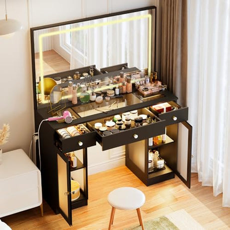 Fkhouse Glass Top Makeup Vanity with Mirror and Lights, Crystal Knobs Vanity Desk with 3 Drawers and Charging Station, Adjustable Lighting Color Makeup Table, Black Fkhouse
