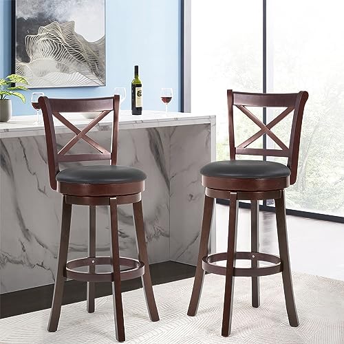 PayLessHere Bar Stools Counter Stools Kitchen Barstools Wooden Low Back Bar Stools with 360 Degree Swivel and PU Leather Upholstery (Set of 2, 43.9"