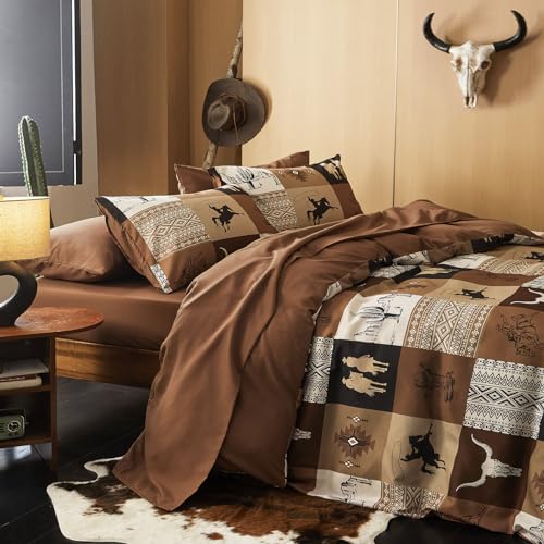 Wake In Cloud - Western Comforter Set, Southwestern Aztec Country Horse Cowboy Rustic Ranch Pattern Printed, Soft Lightweight Bedding, 3 Pieces, Tan Brown, Twin/Twin XL Size Wake In Cloud