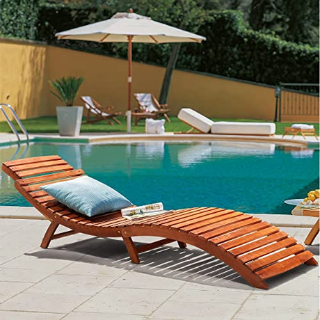 Greesum Wood Folding Chaise Lounge Chair, Weatherproof Extended Sun Lounger with Adjustable Headrest for Patio, Balcony Poolside Garden, Set of 2, Wooden Greesum