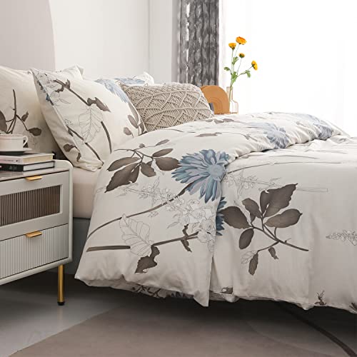 SLEEPBELLA Comforter King Size, 600 Thread Count Cotton Brown Branches and Blue Flowers Off-White Comforter Sets, Down Alternative Bedding Set 3Pcs(King, Off-White Botanical) SLEEPBELLA