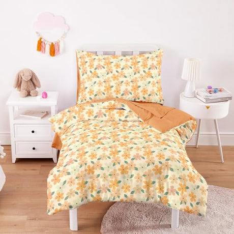 Wake In Cloud - Toddler Bedding Set for Girls, Colorful Floral Flowers Leaves, 4 Pieces Soft Crib Bed Set Including Comforter, Sheets and Pillowcase, Beige Orange Wake In Cloud