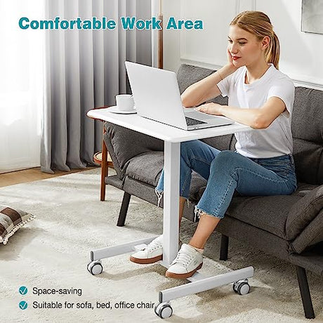 DUMOS Mobile Small Standing Desk, Portable Rolling Laptop Desk with 2 Lockable Wheels, Adjustable Height Computer Workstation for Home Office, 19 Inch White DUMOS