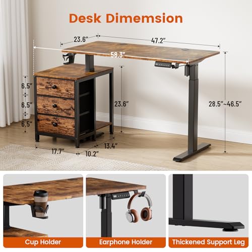 REAHOME Electric Standing Desk with Drawers, 47 x 24 Inches Height Adjustable Sit Stand Desk with Storage, 3 Memory Preset Home Office Computer Desk, Printer Cabinet, Cable Management, Rustic Brown REAHOME