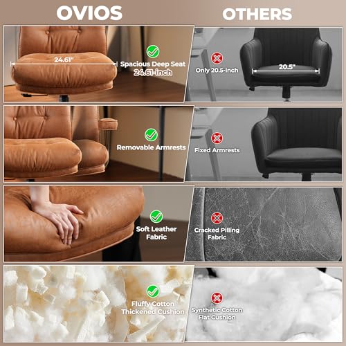 ovios Ergonomic Office Chair, High Back Faux Leather Executive Chairs with Thick Cushion, Comfy Mid-Century Modern Swivel Rolling Computer Armchair (Brown, Suede Leather) ovios