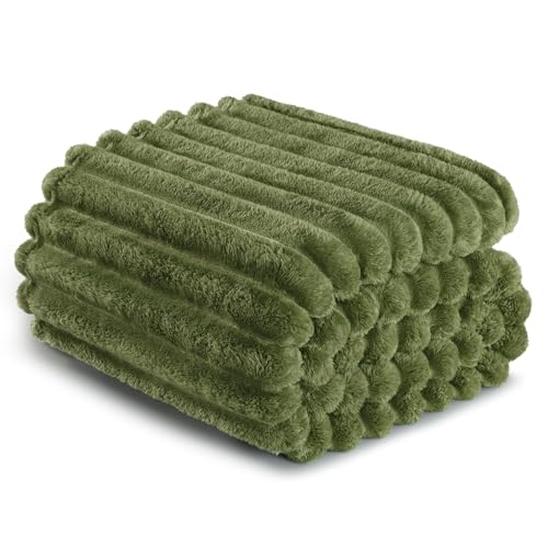 Exclusivo Mezcla Twin Size Flannel Fleece Blanket, Super Soft Striped Jacquard Bed Blanket, Lightweight Fuzzy Cozy for All Seasons, 60x80 Inches, Olive Green Exclusivo Mezcla