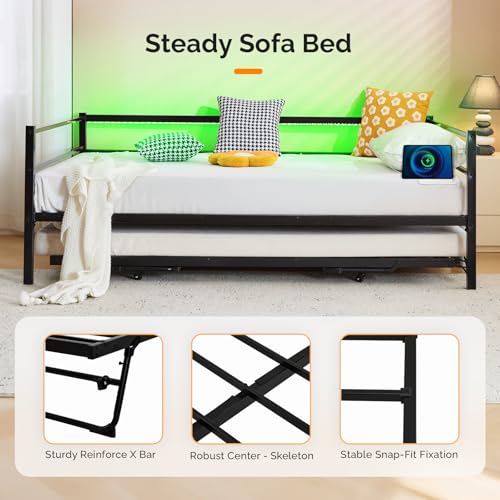 VINGLI Metal Twin Daybed with Pop Up Trundle Bed, Day Bed Frame with Charging Station and LED Lights for Living Room Guest Room or Bedroom, Black Daybed with Steel Slats for Adults, Teens and Kids VINGLI