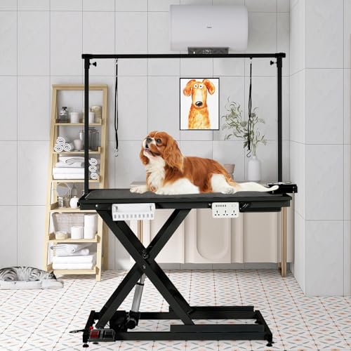 50'' Professional Electric Dog Grooming Table, Heavy Duty Height Adjustable Pet Grooming Table for Large Dogs with Dog Grooming Arm, Anti Slip Tabletop, Tool Organizer, Pet Dog Grooming Station Black