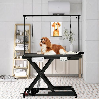 50'' Electric Dog Grooming Table, Heavy Duty, Height Adjustable Pet Grooming Table with Sockets w/Leveling Wheels, Grooming Arm, Anti Slip Tabletop & Tool Organizer, for All Pets Black