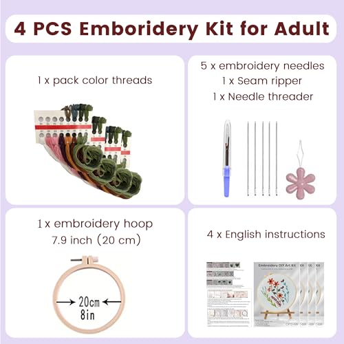 Huacan Embroidery Kits for Adults Beginner - 4 Pcs Floral Pattern Stitching Printed Bouquet DIY Sewing Kit 7.9 x 7.9 Inch (Bouquet 3)