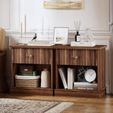 IDEALHOUSE Fluted Nightstand with Drawer, Mid Century Modern Bedside Table with Open Shelf, Brown Nightstand with Storage, Space Saving Side Table with Curved Edge Base for Living Room Bedroom IDEALHOUSE