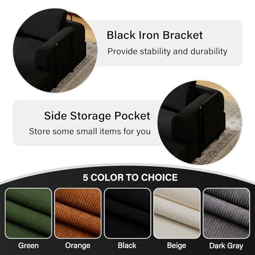 Nivayor 78'' Sleeper Couch Bed for Living Room, Convertible Modular Sofa with Fixed Frame and Side Pocket, Corduroy Futon Boneless Couches in a Box, No Assembly, Black Nivayor