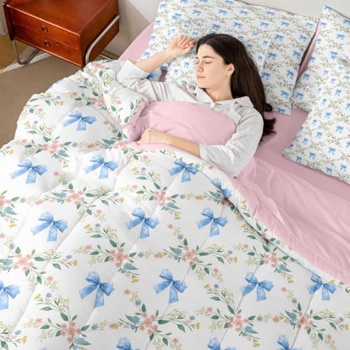 Erosebridal Flower Bowknot 7 Piece Bed in a Bag Twin Coquette Decor 7 Piece Comforter Set Dreamy Princess Style Fitted Sheet Reversible Natural Floral Ribbon Sheet Set Breathable Lightweight Erosebridal